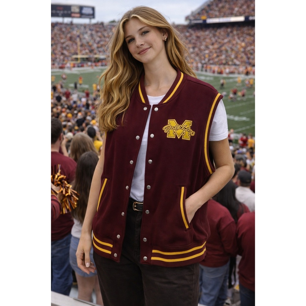 H&M Divided Moordale High Varsity Vest Burgundy Yellow Large